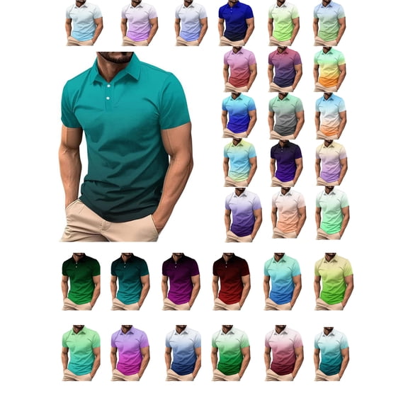 DayScoop Mens Summer Casual Gradient Color Short Sleeve T-Shirt, Men Turn Down Collar Buttons Print Comfortable Tops