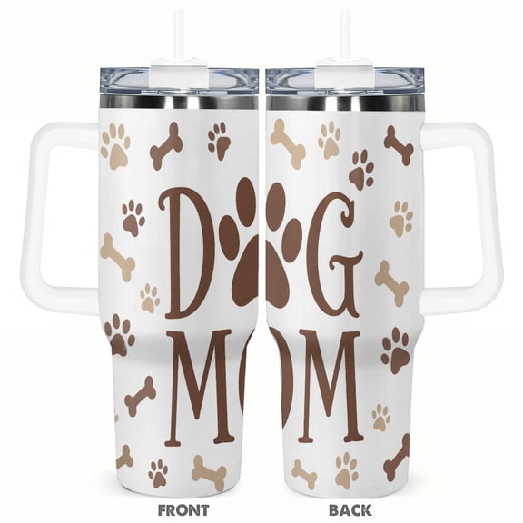 40oz Dog Mom Travel Tumbler with Handle and Straw Cute Paw Print Design Insulated Car Cup Gift for Dog Lovers Stainless Steel Coffee Cup