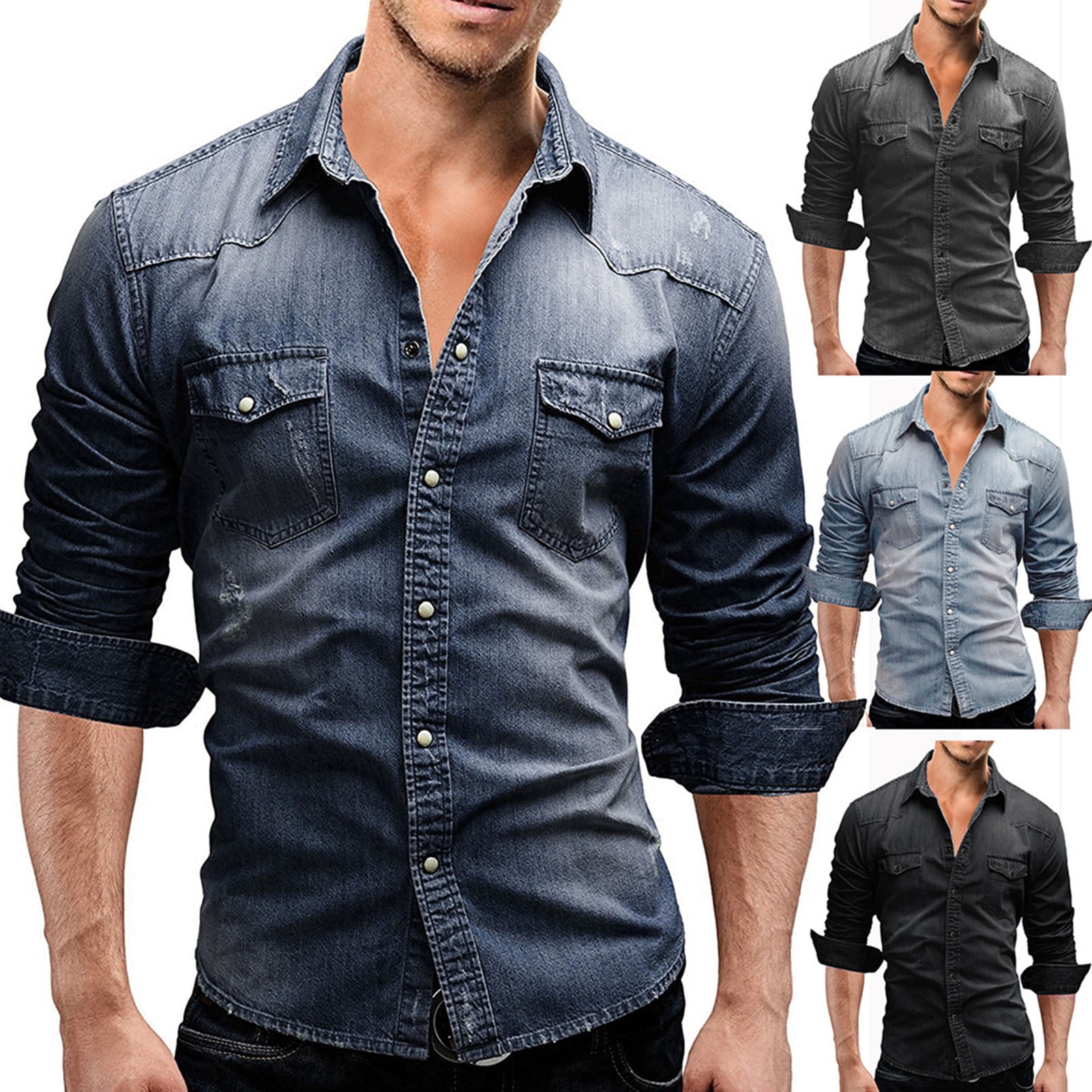 Shengtu Men Shirt Denim Solid Color Slim Single-breasted Autumn Shirt for  Daily Wear Dark Gray M - Walmart.com