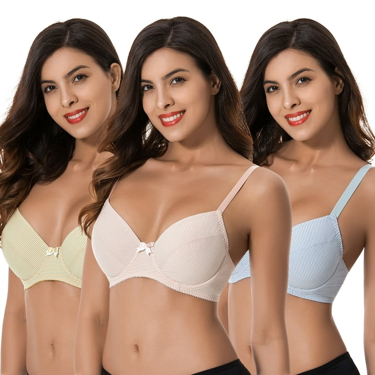 Curve Muse Plus Size Womens Cotton Unlined Balconette Underwire Bras-3  Pack-YELLOW,LIGHT PINK,LIGHT BLUE-48DD