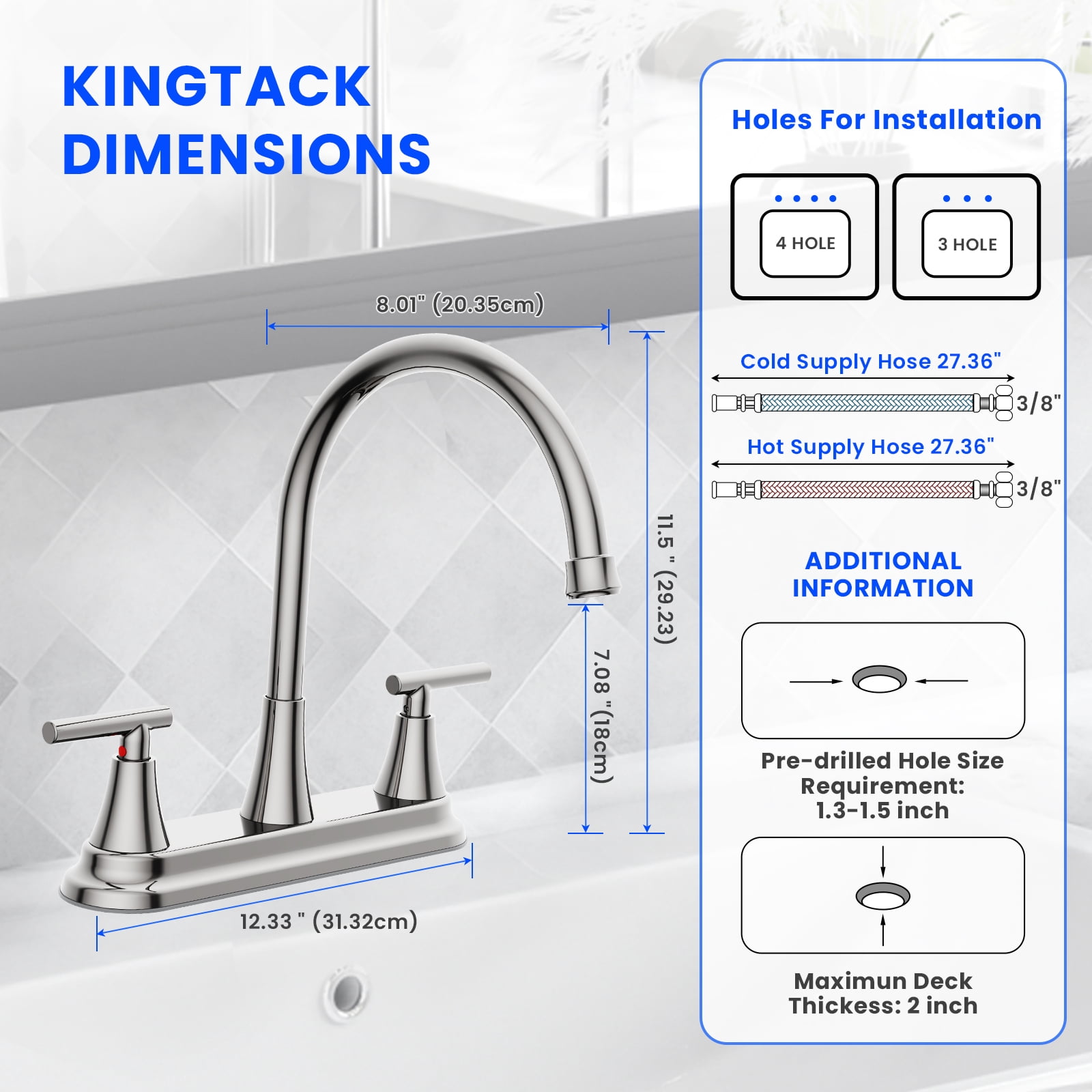 KINGTACK Two Handles Kitchen Faucet, 3 Hole or 4 Holel Faucet for Kitchen Sink, Chrome