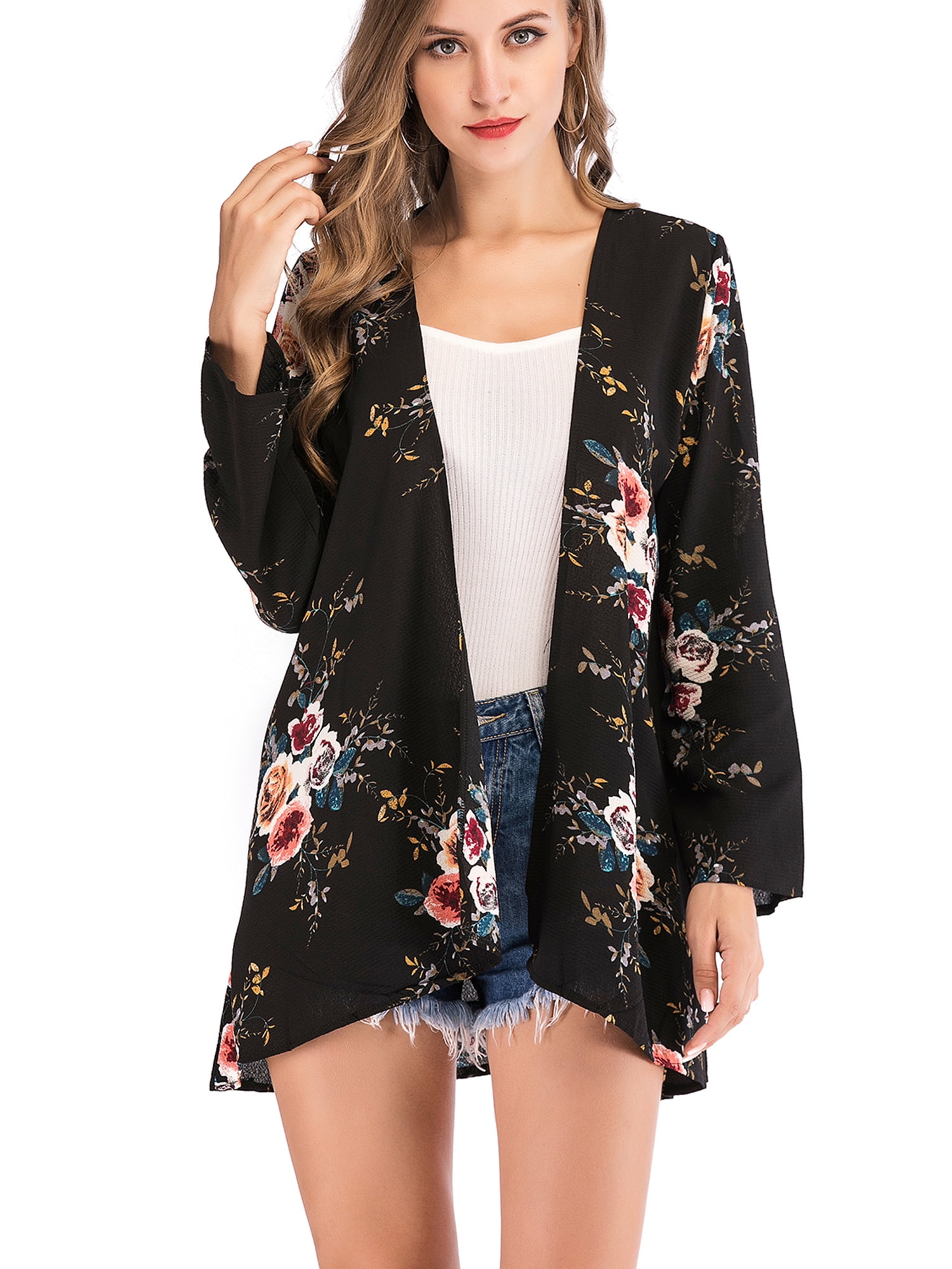 Plus Size Women's Kimono Cardigan Coat Blouse Tops Floral Print Half ...