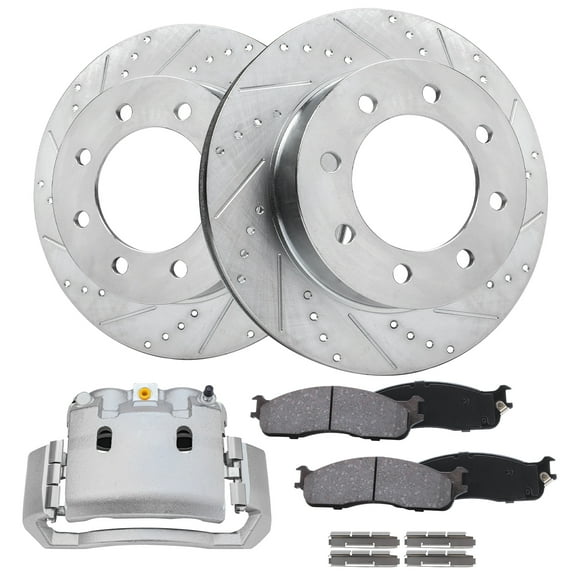 Detroit Axle - Front Brake Kit for 2003 2004 2005 2006 2007 2008 Dodge Ram 2500 3500 Disc Brake Caliper Replacement Drilled & Slotted Brake Rotors Ceramic Brakes Pads: 13.91" Rotor