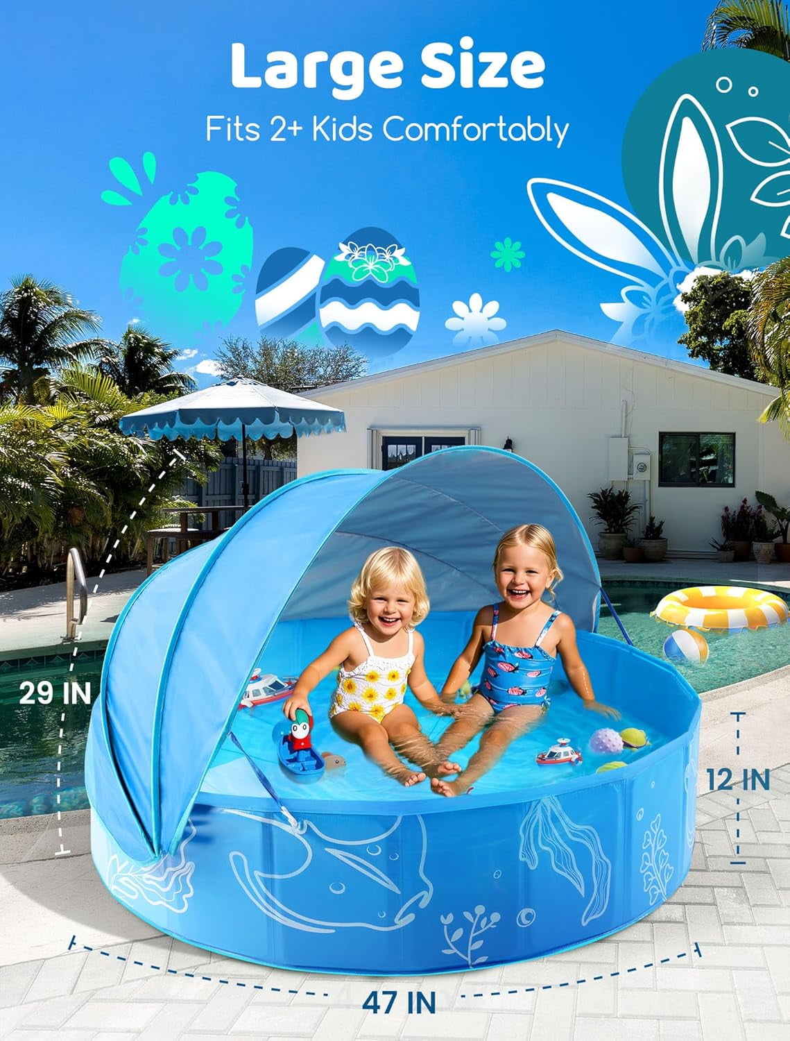 Foldable Kiddie Pool with Canopy: 31.5in/ 47in /63in for Baby Toddler Kids Family - Summer Water Play Pool with Shade - Portable for Outdoor Backyard Beach (Blue-Blue, 63in)