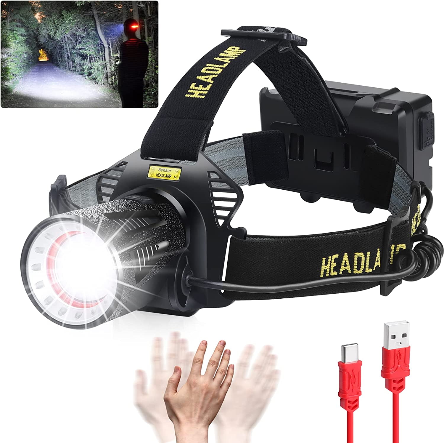 Headlamp Rechargeable, 120000 Lumen Super Bright Headlamp with Motion Sensors, 4 Modes, Zoomable