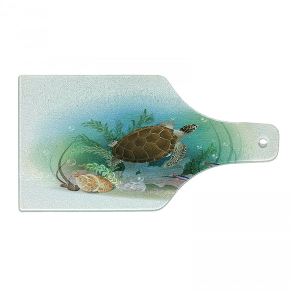 Ocean Cutting Board, Sea Turtle Swims in the Ocean Tropical Underwater World Aquarium Illustration Print, Tempered Glass Cutting and Serving Board, Wine Bottle Shape, Green Brown, by Ambesonne