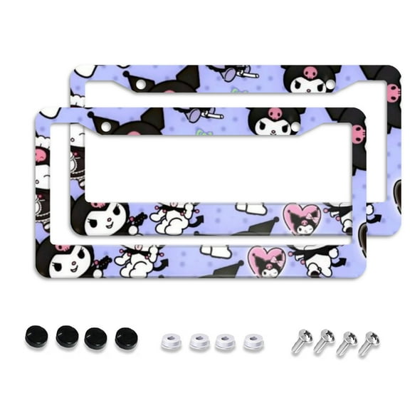 Sanrio Kuromi Cartoon Car License Plate Frame 2 Pack, License Plate Cover Bracket Decorative Aluminum License Plate Frame Auto Accessories Unisex 11.8 X 5.9 Inch 2 Holes with Screws