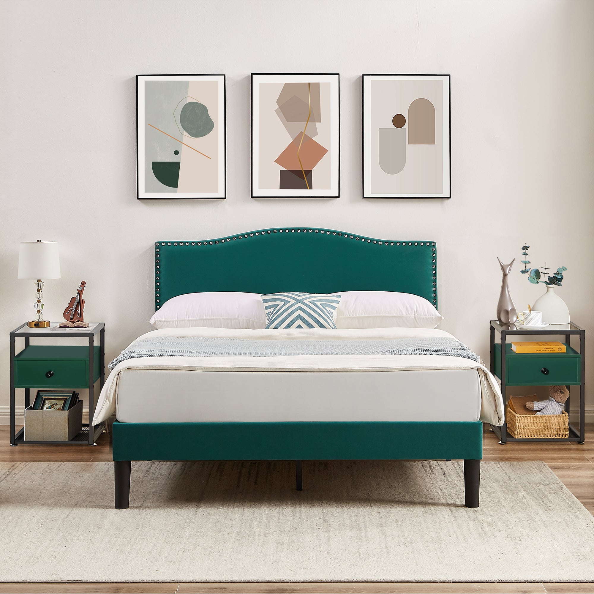 VECELO 3Piece Green Bedroom Set with Queen Upholstered Bed Frame and 2