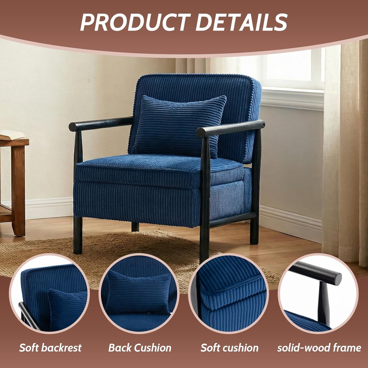 MOONMISS Accent Chair with Hidden Storage, Armchair with Solid Wood Frame, Corduroy Fabric Accent Chair for Living Room,Blue