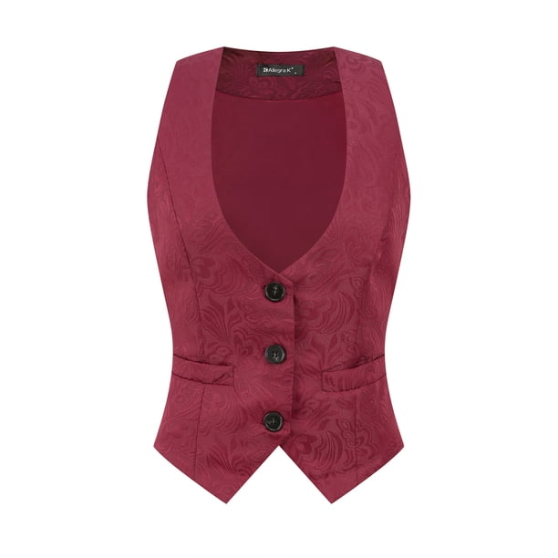 Chaleco vintage para mujer con botones Steampunk Jacquard sin mangas Borgoña L