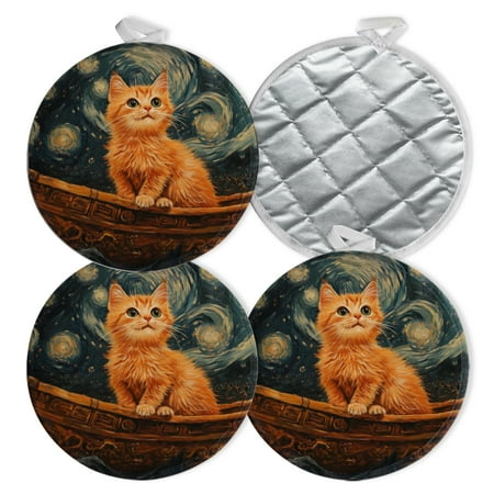 

4 PCS Pot Holders for Kitchen Potholders Sets with Hook for Oven Cooking Baking Cute Cat Smiling And Looking Up At Starry Sky