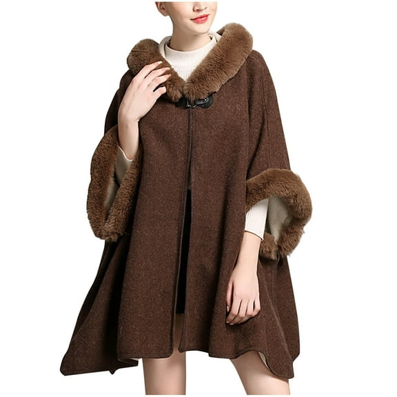 Womens Faux Fur Cloak Coat Cape Poncho Coat Lapel Fur Collar Poncho Coat Warm Poncho with Buckle Neckline