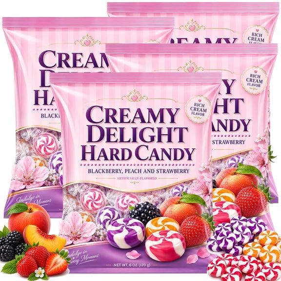 Creamy Delight Hard Candy, 4 Bags (6.0 oz Each), Strawberry, Peach & Blackberry Flavors Swirled with Rich Cream, Individually Wrapped Classic Fruit & Cream Candy, 24 oz Total