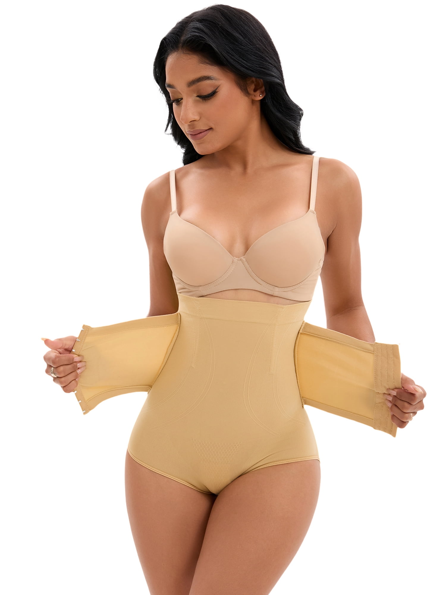 Unique Bargains Women's Front Hook Closure Briefs High Waist Shaperwear Panties L Beige