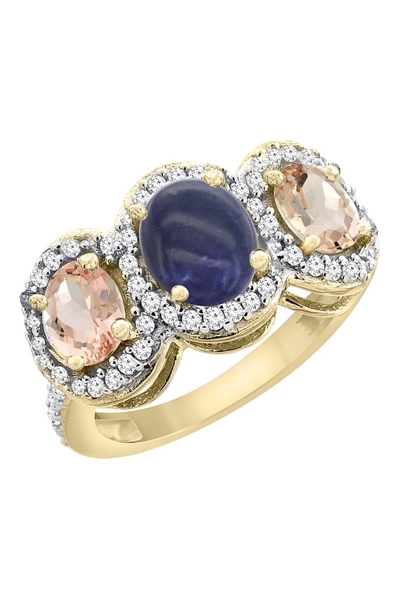 14K Yellow Gold Natural Lapis & Morganite 3-Stone Ring Oval Diamond Accent, size 8