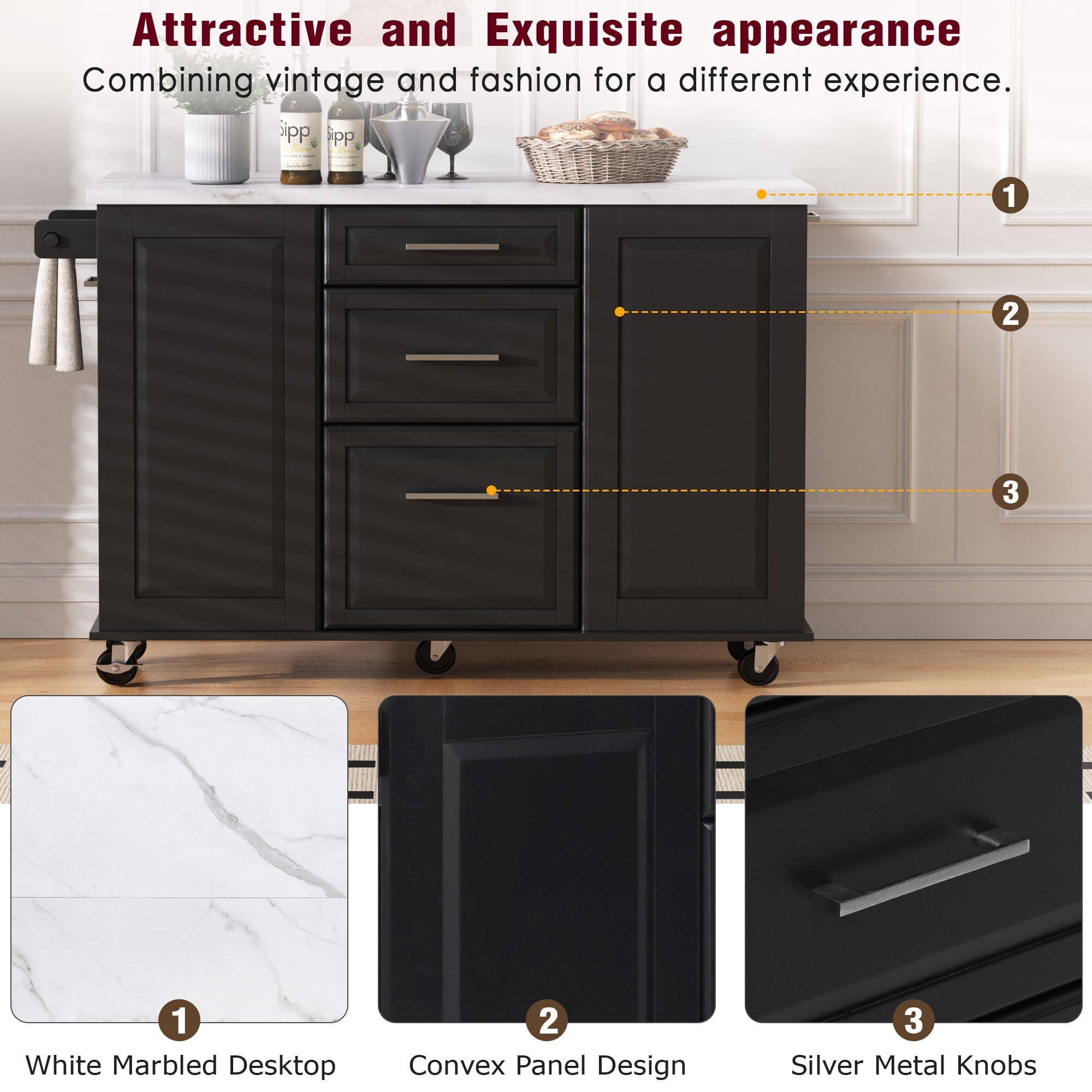 AENKYO 50.7'' Kitchen Island Cart with Drop Leaf, Hidden Trash Cabinet, Pull-Out Organizer, and Lockable Wheels, Black