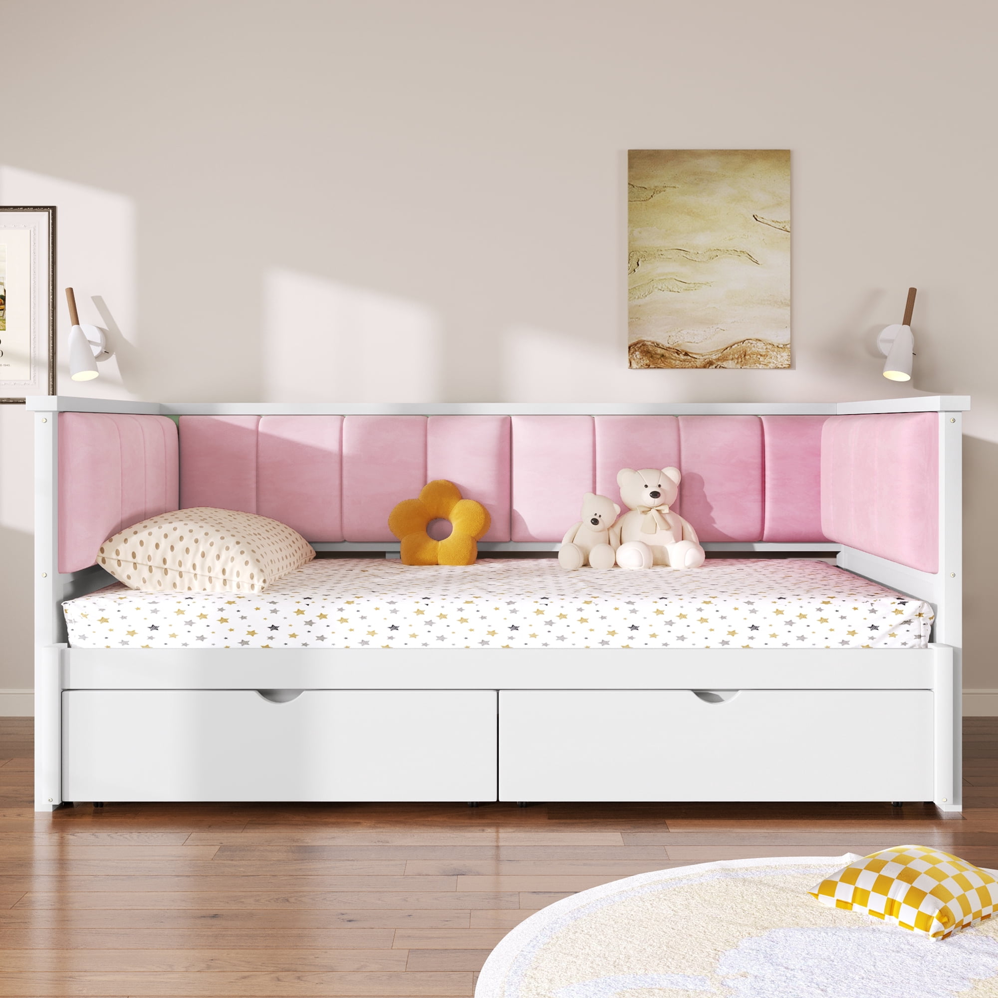 Mintazer Twin XL to King Daybed with Pink Upholstered Backrest & Storage Drawers, White