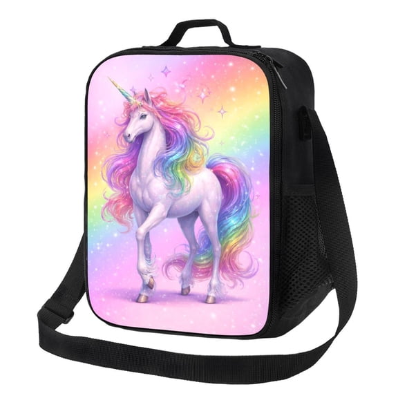 Fantasy Unicorn Rainbow Mythical Horse Lunch Bag Insulated Thermal Box with Shoulder Strap & Handle for Work and Picnic