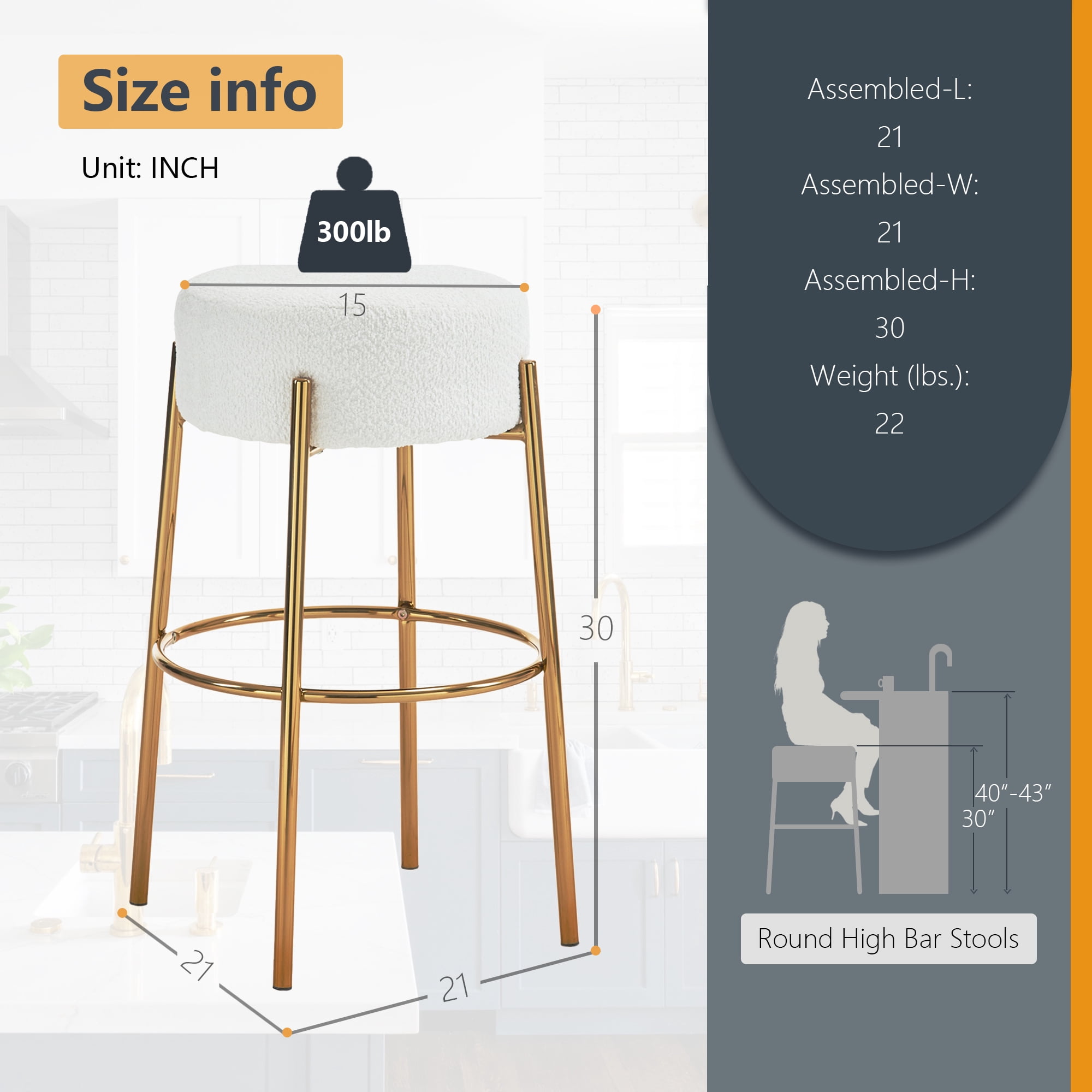 Miniyam Bar Height Bar Stools Set of 2,Boucle Kitchen Stools Upholstered Dining Chair Stools 30 Inch Height,White+Gold