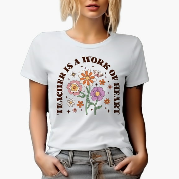 Teacher Is a Work of Heart, Retro Butterfly & Flowers Art Merch Gift, White T-Shirt, Small