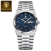 POEDAGAR Business Mens Stainless Steel Waterproof Luminous Quartz Watches with Dual Calendar Display