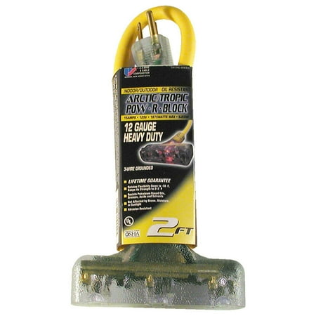 2 Wire Cord U.S. Wire 2 Ft. Yellow Artic/Tropic Cord W/Pow-R Block, 12/3 Ga. Sjeow-A, 300v, 15a, Lot of 1 ()