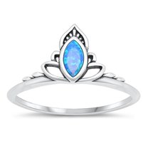 CHOOSE YOUR COLOR Blue Simulated Opal Lotus Crown Ring 925 Sterling Silver Band CZ Female Size 8