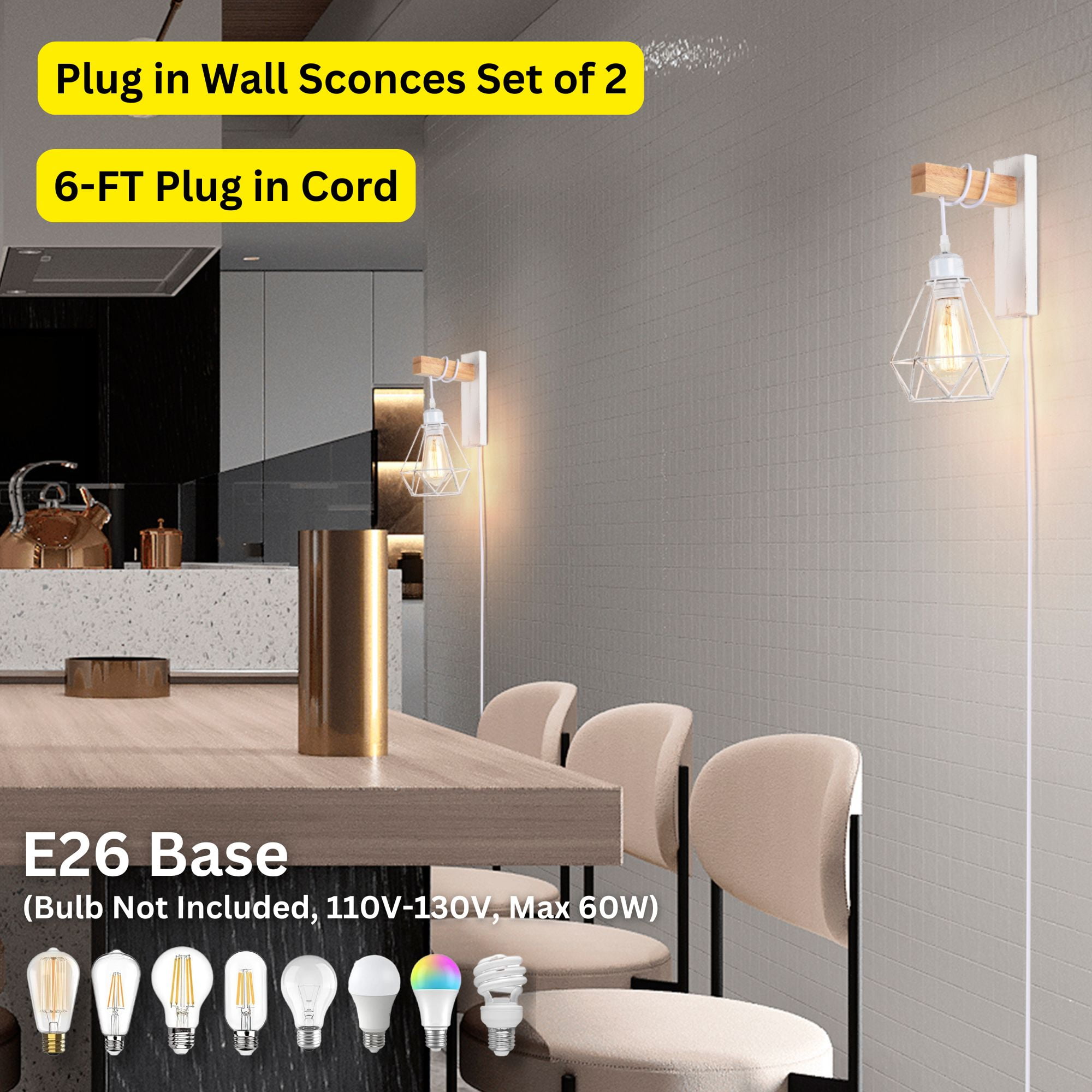 Farmhouse Plug In Wall Sconces Set of 2, Wood White Metal Cage Wall Lights with On/Off Switch for Bedroom Living Room