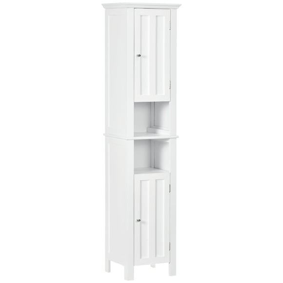 Freestanding White Bathroom Linen Cabinet with Open Shelves - Tall & Narrow Storage for Towels, Hygiene & Cleaning Supplies - 62.4" Height