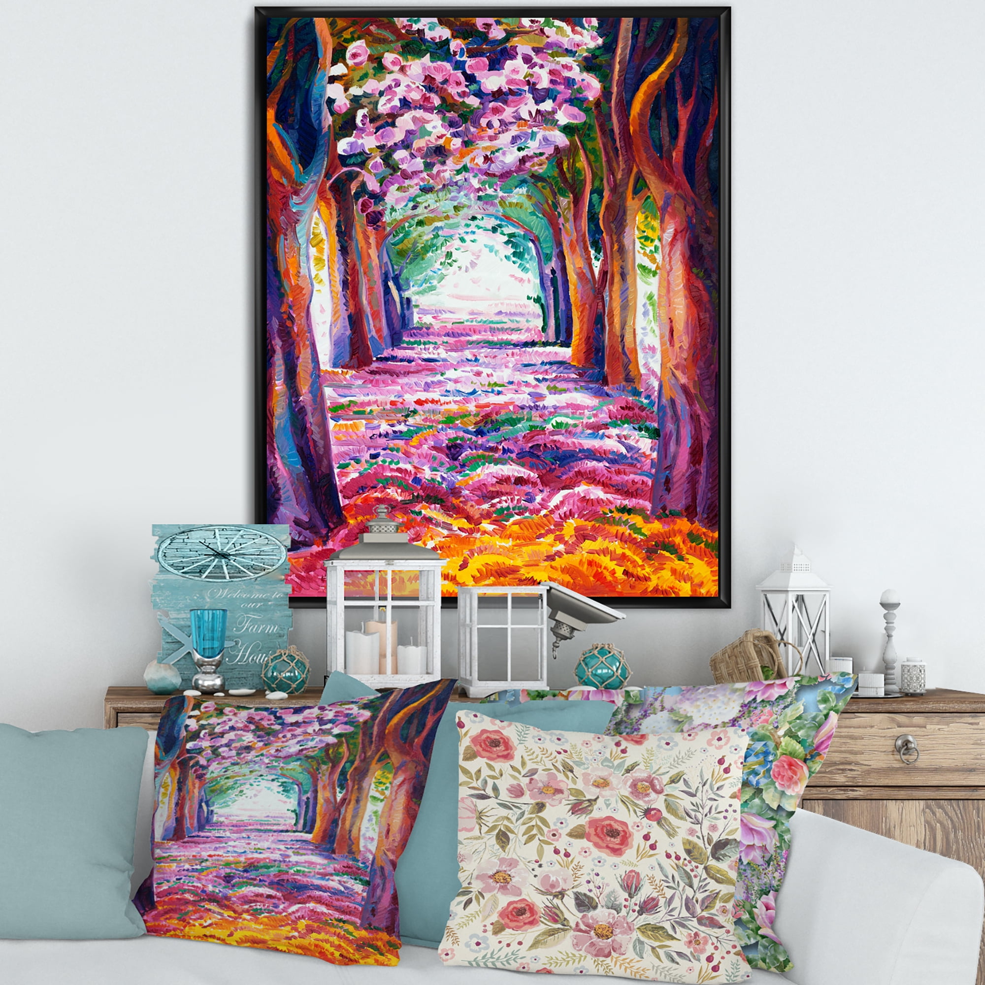 Designart 'Pink Flowering Colorful Spring Forest' Lake House Framed Canvas Wall Art Print