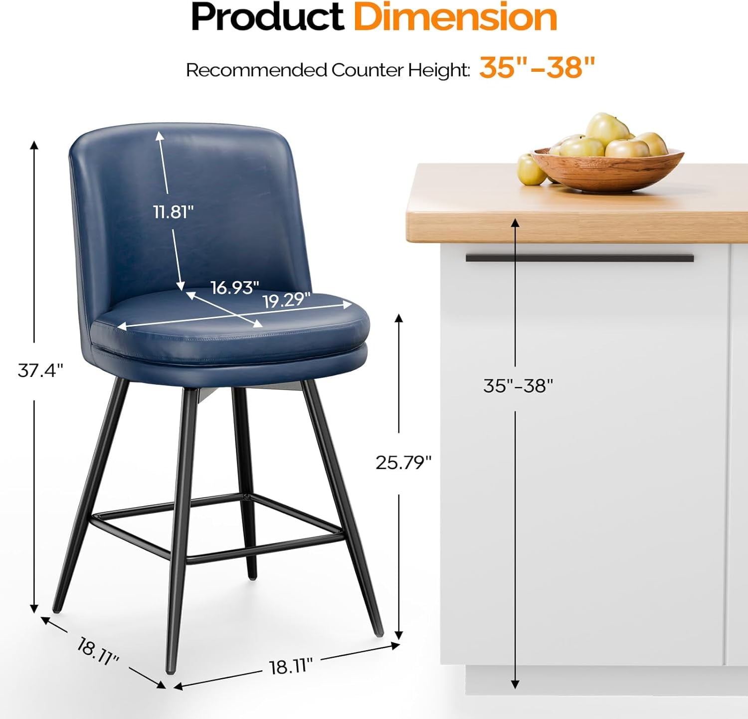 VINGLI 26" H Swivel Barstools Set of 2, PU Faux Leather Upholstered Counter Height Bar Stool with Back, Kitchen High Chairs with Cushion Round Seat, Metal Legs, White