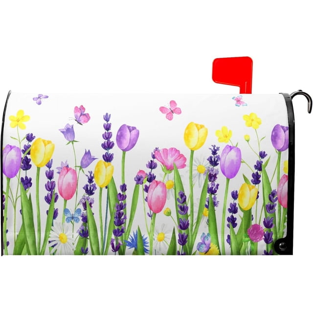 Spring Summer Flowers Mailbox Cover Magnetic Standard Size 21x18 Inch Spring Flowers Tulips Mailbox Covers Waterproof Mailbox Wraps Post Letter Box Decor for Home Garden Yard Outside