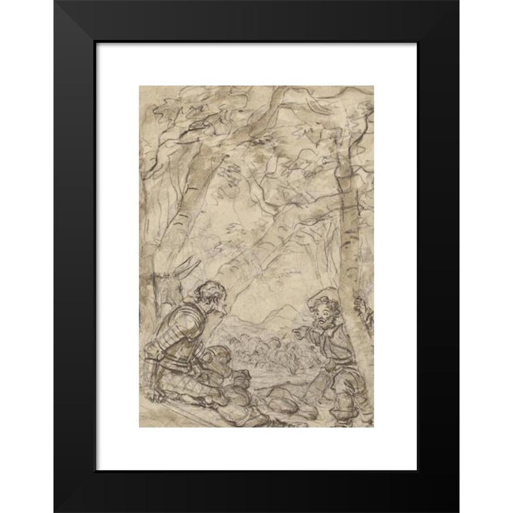 Jean-Honoré Fragonard 11x14 Black Modern Framed Museum Art Print Titled - Don Quixote and Sancho Panza Witness the Attack on Rocinante (1780s)