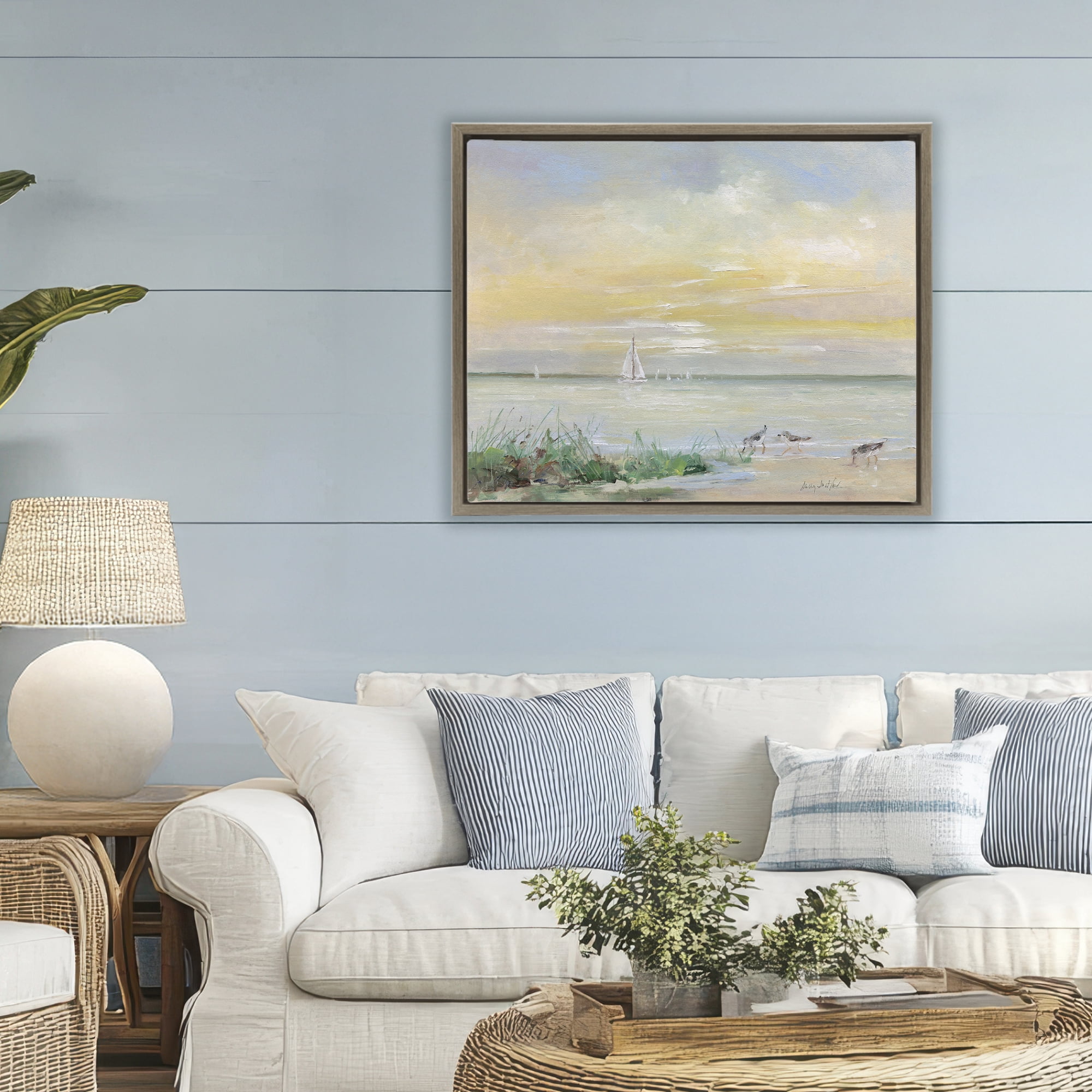 Stupell Industries Sailboats & Sanderlings Shore Brown Framed Floater Canvas Wall Art, design by Sally Swatland