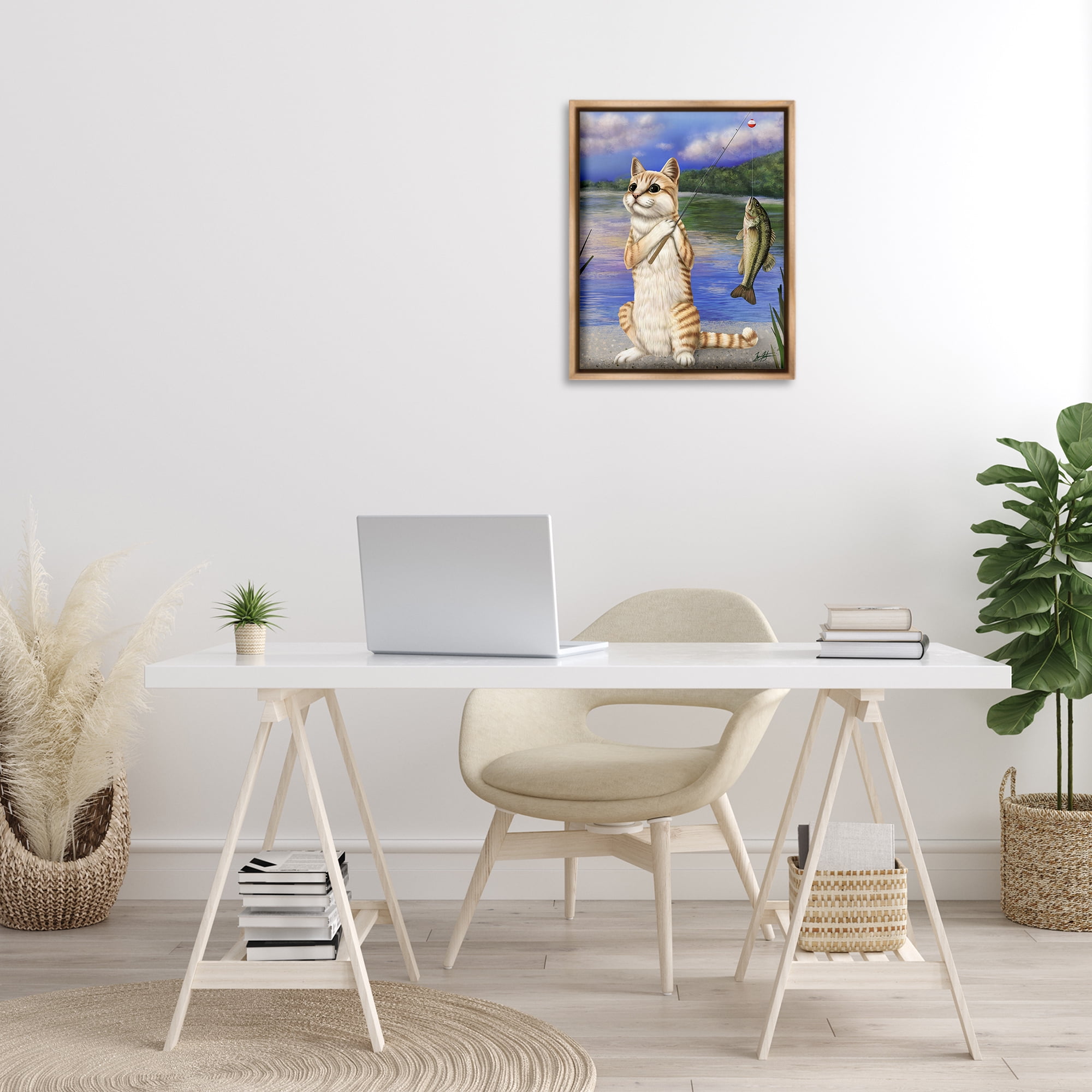 Stupell Industries Fishing Cat by Lake Animals & Insects Painting Brown Floater Framed Canvas Art Print Wall Art, 17 x 21