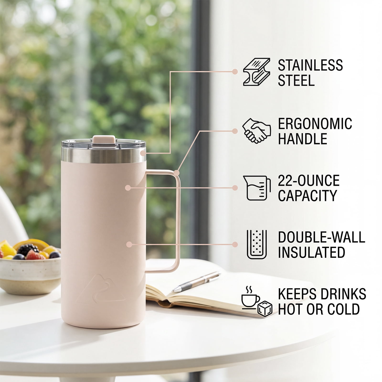 Ozark Trail 22oz Ceramic Lined Stainless Steel Insulated Coffee Mug with Magnetic Tritan Transparent Slider Lid, Frosted Peach