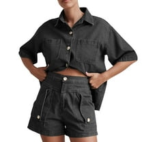 Women's Denim Shorts Outfits, Short Sleeve Button Shirt High Waisted Shorts Jean Suit, Loose Casual Two Piece Denim Sets Outfit for Lady Going out Gray M