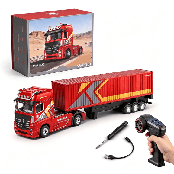 HHNOU Rc Semi Truck with Trailer,1:64 Scale 2.4Ghz Remote Control Container Truck with Led Lights,Independent Suspension,Three-Speed Control,And Realistic Horn-Great Gift for Enthusiasts