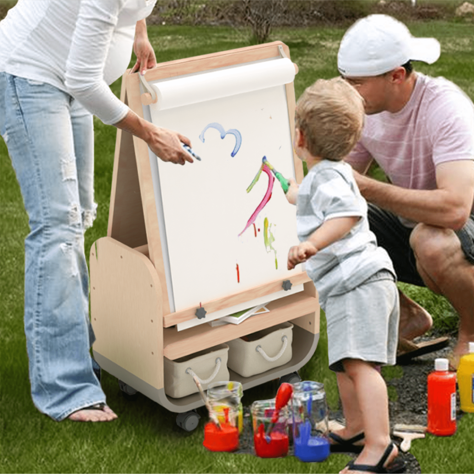 3-in-1 Art Easel for Kids Double-Sided Board Easel with Wheels and Storage Bags Adjustable Height Easel for Toddlers Magnetic Chalkboard & Whiteboard,Grey