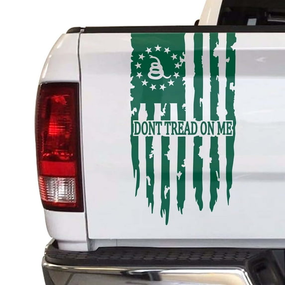 Dont Tread On Me Gadsden Flag Distressed American USA US Flag Truck Tailgate Vinyl Decal Compatible with most Pickup Trucks Betsy Ross Flag 1776 Decal (11" x 20", Forest Green)