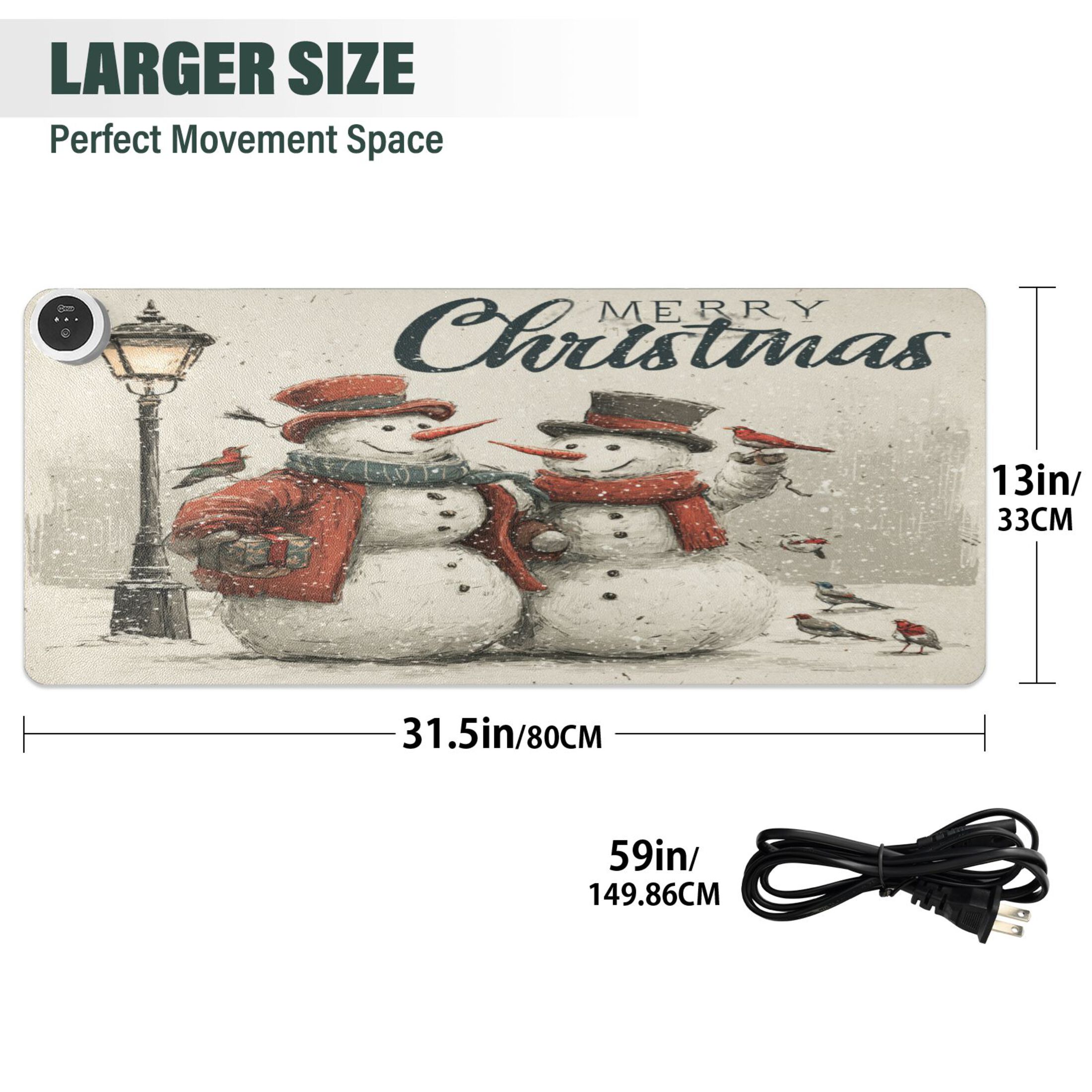 Wobogo Vintage Snowmen Heated Mouse Pad Extra-Large Desk Mat With 3 Heating Levels and 3-hour Auto Shut-Off Protection Ideal for Computer Keyboards Home Office Hand-warming Essential 31.5in × 13in