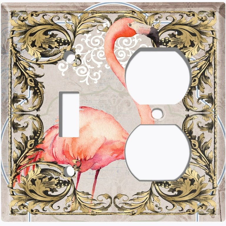 Metal Light Switch Plate Outlet Cover Elegant Flamingo Frame Beige Damask  FGO014 