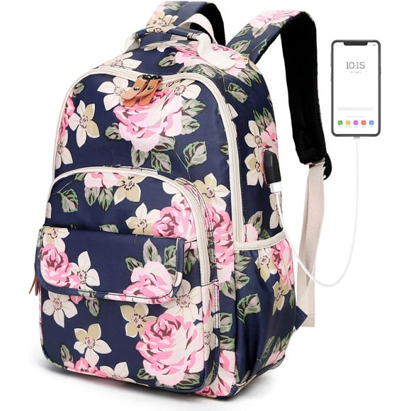Floral Backpack School Backpack Girls Teenager Ladies School Bag Flowers Daypack Waterproof Nylon Backpacks with USB Charging Port Children's Backpack for Leisure School A Everyday Work, Blue