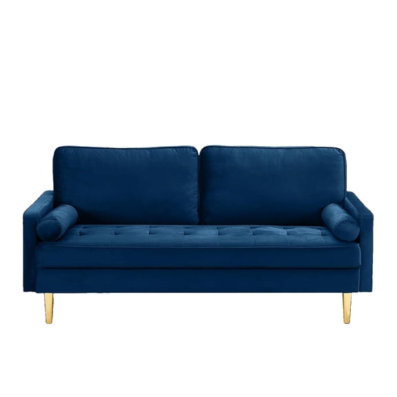 Velvet Loveseat, 67-Inch 2-Seater Tufted Sofa with High-Density Foam, 2 Lumbar Pillows and Gold Metal Legs, Navy, for Living Room