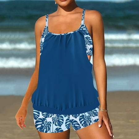 Fnooota Plus Size Tankini Swimsuits for Women  2 Piece Casual Bathing Suits Swim Tops with Boyshorts Blue Size 2XL