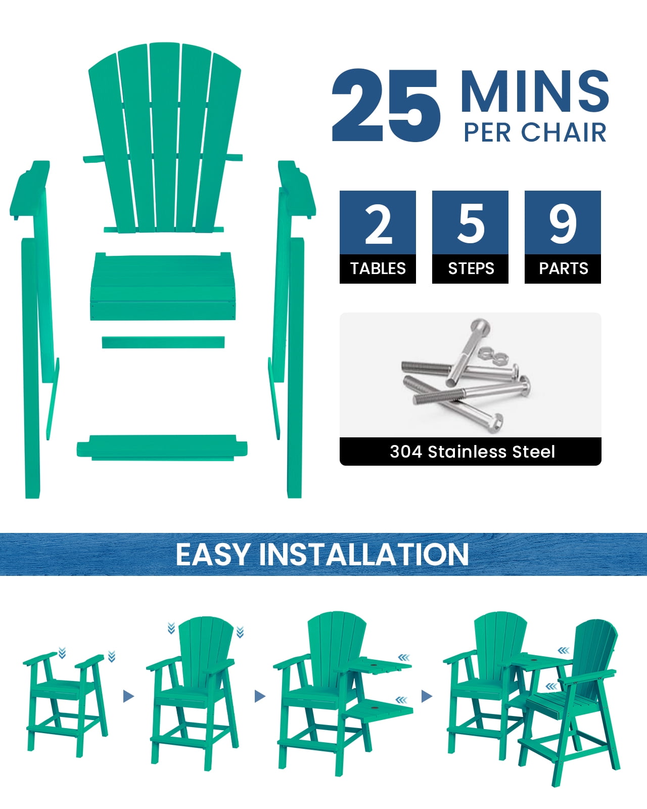 CIOKEA Tall Adirondack Chair Set of 4, All Weather HDPE Patio Chairs with Double Removable Connecting Trays for Balcony, Deck, Backyard, Patio, Garden, Baby Blue