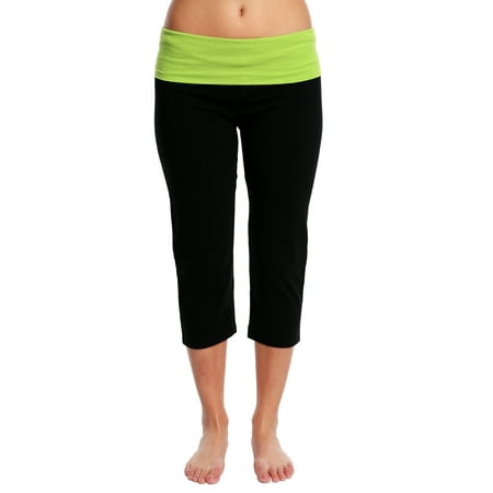 Color Plant - Nouveau Women's Workout Active Capri Yoga Pant with Contrasting Color Waistband Casual Loungewear - Black / Lime Combo, Large