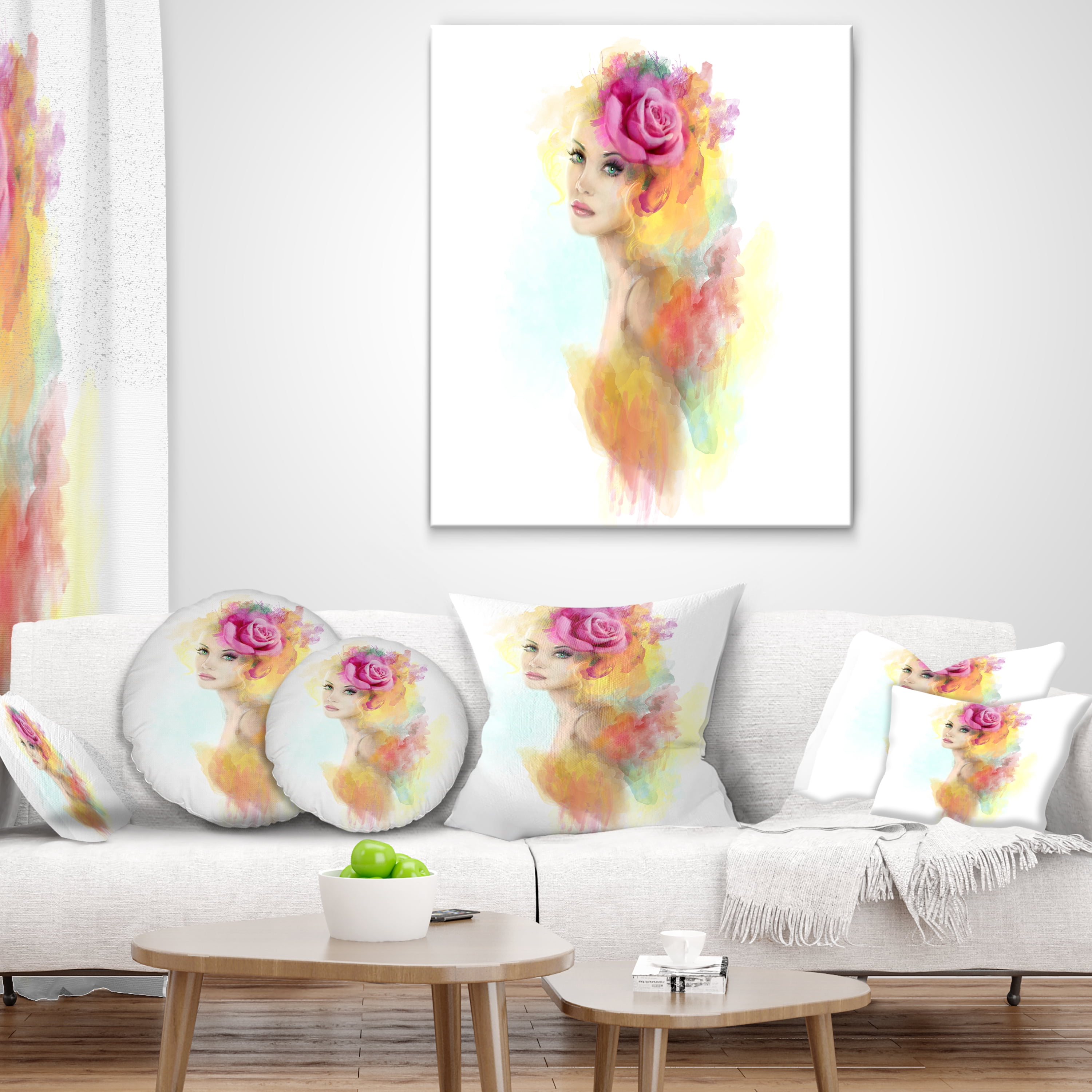 Designart Summer Woman with Flowers - Floral Painting Throw Pillow - 16x16