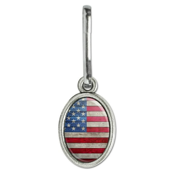 Rustic American Flag Wood Grain Design Antiqued Oval Charm Clothes Purse Suitcase Backpack Zipper Pull Aid
