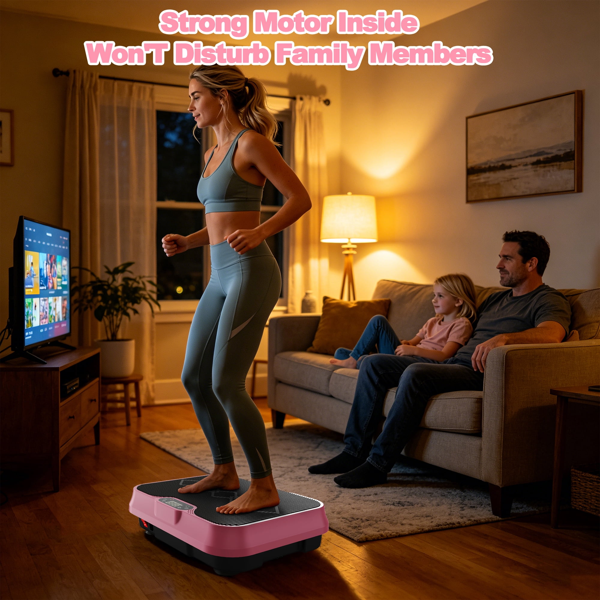 Vibration Plate Exercise Machine for Body Workout, Vibrating Fitness Platform with Remote Control & Resistance Bands, Compact Gym Vibration Trainer for Weight Loss, Muscle Toning, Home Office, Pink